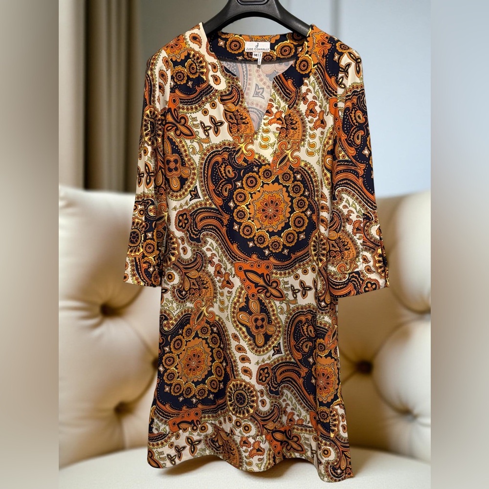 Jude Connally EUC Size M Brown Orange & Cream Paisley Design Tunic Dress (0662)